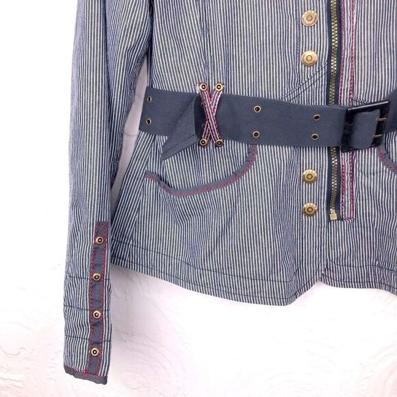 NEW Reset Europe Pinstriped Navy long sleeve Structured Canvas Coat - Picture 3 of 8